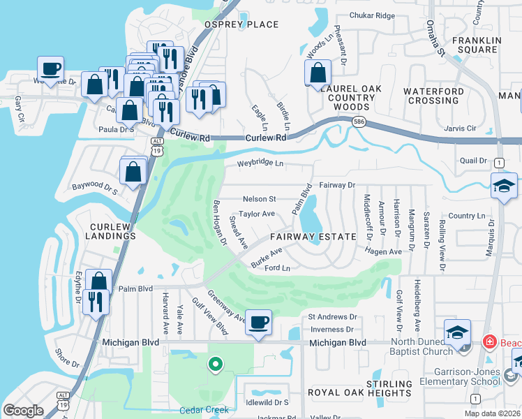 map of restaurants, bars, coffee shops, grocery stores, and more near 1192 Taylor Avenue in Dunedin