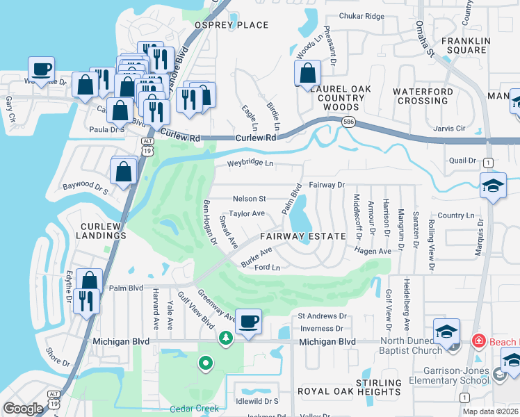 map of restaurants, bars, coffee shops, grocery stores, and more near 1218 Taylor Avenue in Dunedin