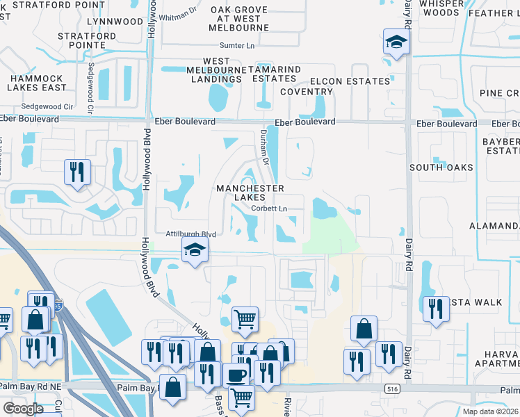 map of restaurants, bars, coffee shops, grocery stores, and more near 3952 Joslin Way in West Melbourne