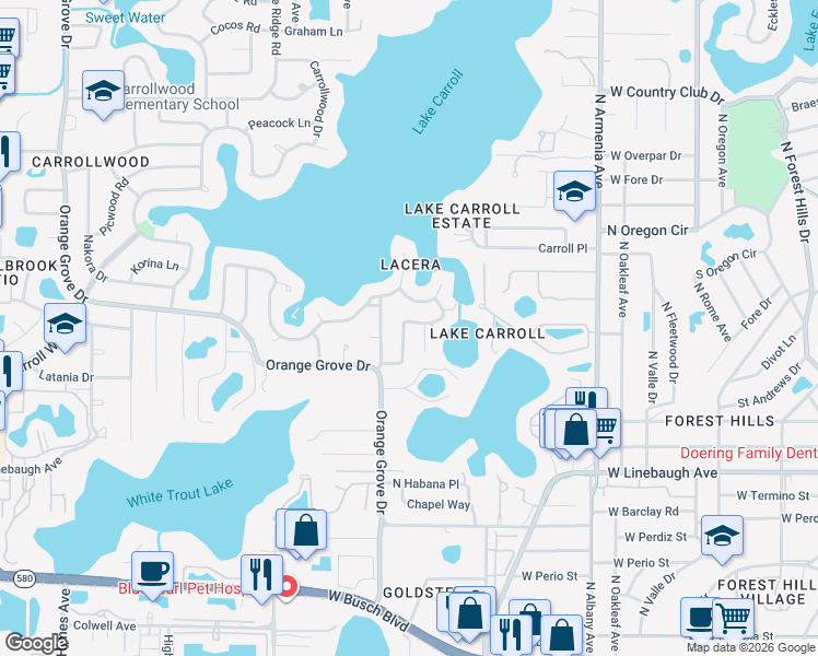 map of restaurants, bars, coffee shops, grocery stores, and more near 10522 Homestead Drive in Tampa