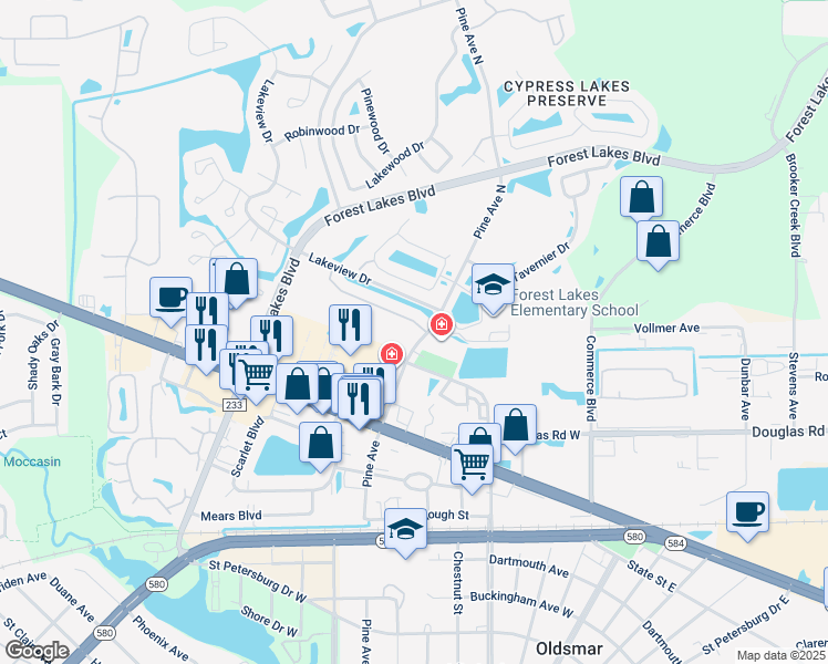 map of restaurants, bars, coffee shops, grocery stores, and more near 203 Hemingway Drive in Oldsmar