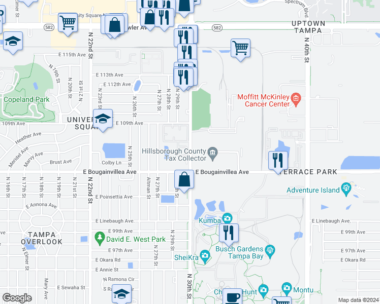 map of restaurants, bars, coffee shops, grocery stores, and more near 10610 North 30th Street in Tampa