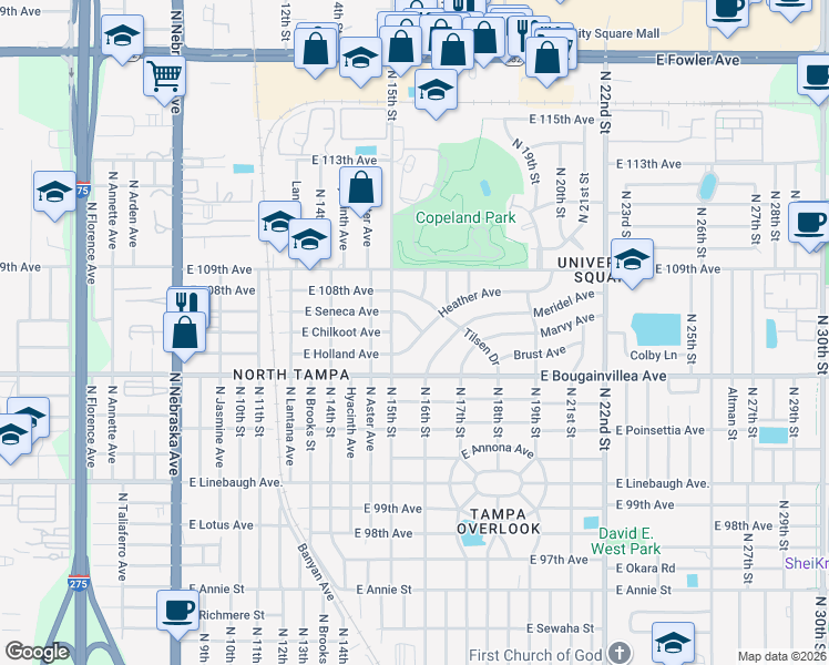 map of restaurants, bars, coffee shops, grocery stores, and more near 1515 Tilsen Drive in Tampa