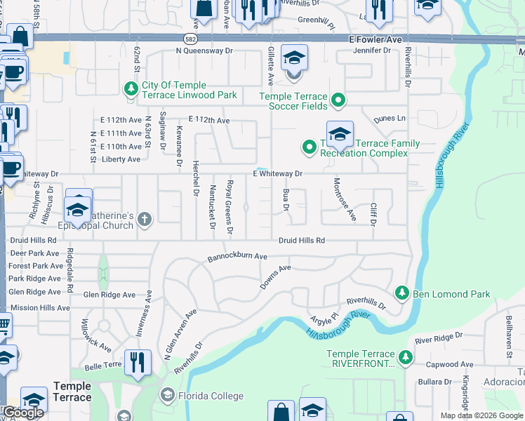 map of restaurants, bars, coffee shops, grocery stores, and more near 639 Gillette Avenue in Temple Terrace