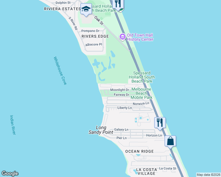 map of restaurants, bars, coffee shops, grocery stores, and more near 70 Birdie Place in Melbourne Beach