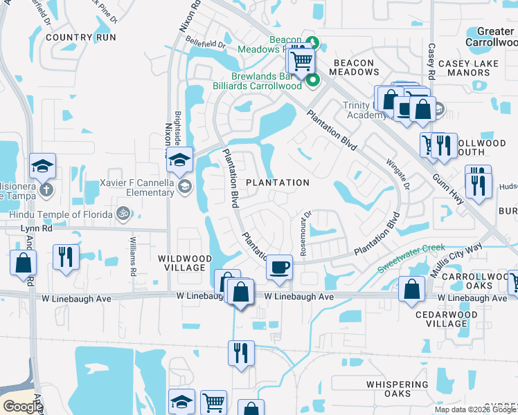map of restaurants, bars, coffee shops, grocery stores, and more near 10707 Glen Ellen Drive in Tampa