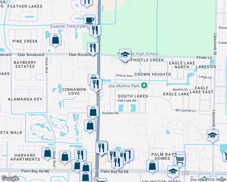 map of restaurants, bars, coffee shops, grocery stores, and more near 4260 Silver Lake Drive in Melbourne