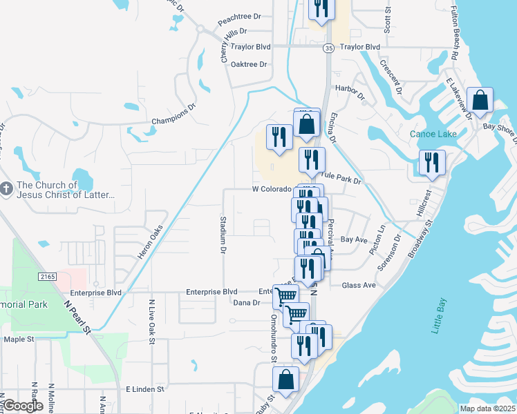 map of restaurants, bars, coffee shops, grocery stores, and more near 1701 Colorado Street in Rockport