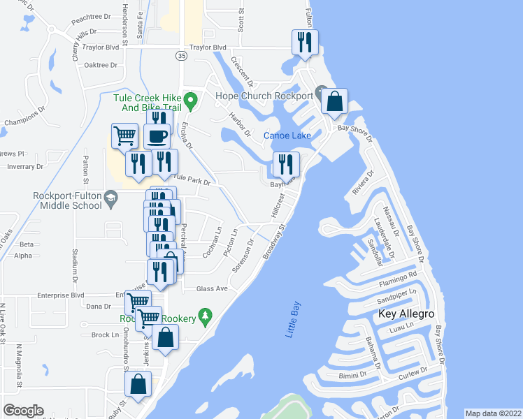 map of restaurants, bars, coffee shops, grocery stores, and more near 1901 Hillcrest in Rockport