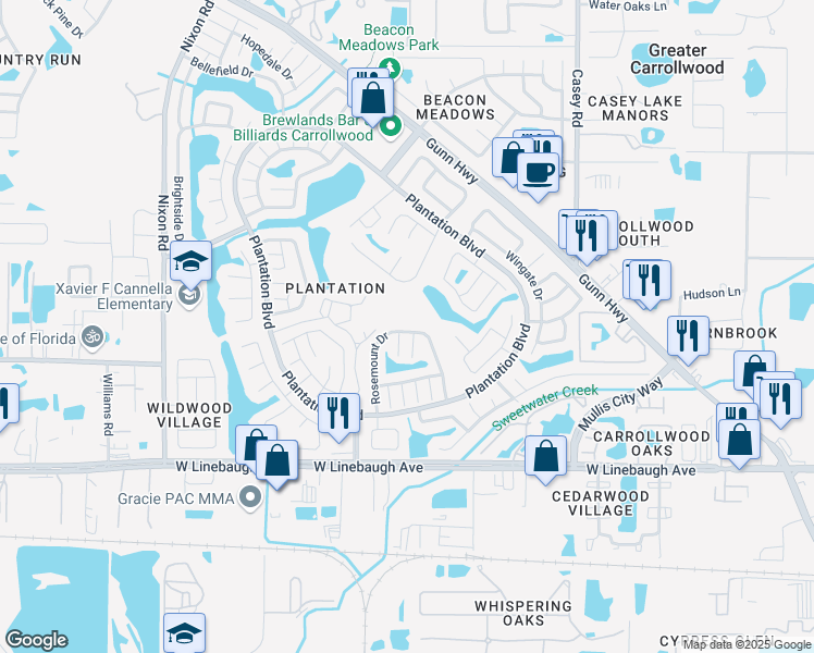 map of restaurants, bars, coffee shops, grocery stores, and more near 10406 Rosemount Drive in Tampa