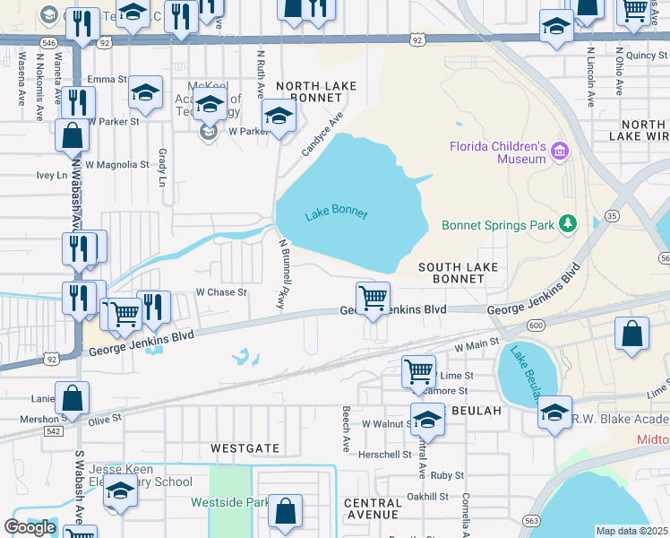 map of restaurants, bars, coffee shops, grocery stores, and more near Chase St in Lakeland
