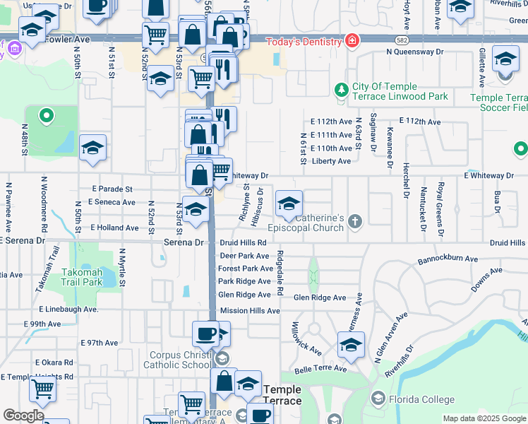 map of restaurants, bars, coffee shops, grocery stores, and more near 511 Hibiscus Drive in Temple Terrace