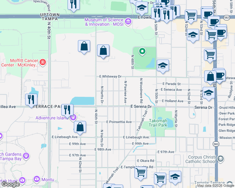 map of restaurants, bars, coffee shops, grocery stores, and more near 4706 East Seneca Avenue in Tampa
