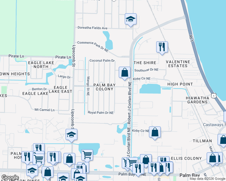 map of restaurants, bars, coffee shops, grocery stores, and more near 2473 Ersoff Boulevard Northeast in Palm Bay