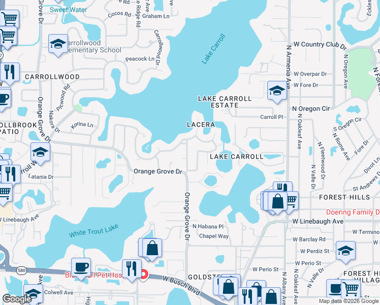 map of restaurants, bars, coffee shops, grocery stores, and more near 10519 Carrollview Drive in Tampa