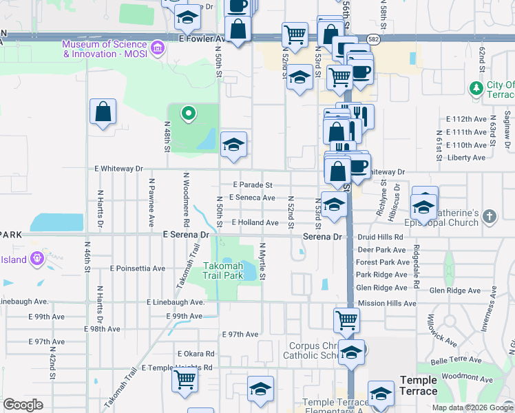 map of restaurants, bars, coffee shops, grocery stores, and more near 5109 East Seneca Avenue in Tampa