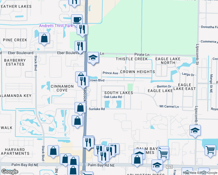 map of restaurants, bars, coffee shops, grocery stores, and more near 204 Crystal Lake Road in Melbourne