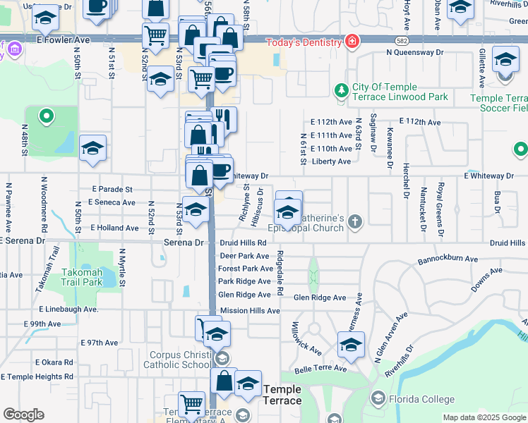 map of restaurants, bars, coffee shops, grocery stores, and more near 511 Hibiscus Drive in Temple Terrace