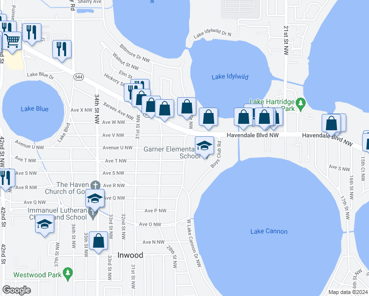 map of restaurants, bars, coffee shops, grocery stores, and more near 2450 Avenue U Northwest in Winter Haven