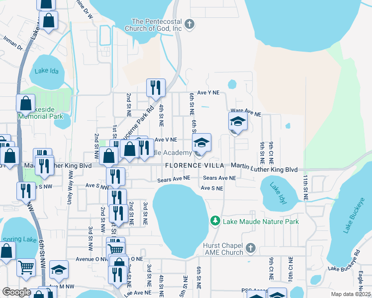 map of restaurants, bars, coffee shops, grocery stores, and more near 2110 Edwin Street Northeast in Winter Haven