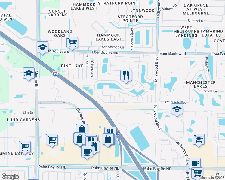 map of restaurants, bars, coffee shops, grocery stores, and more near 2272 Lakes of Melbourne Drive in Melbourne