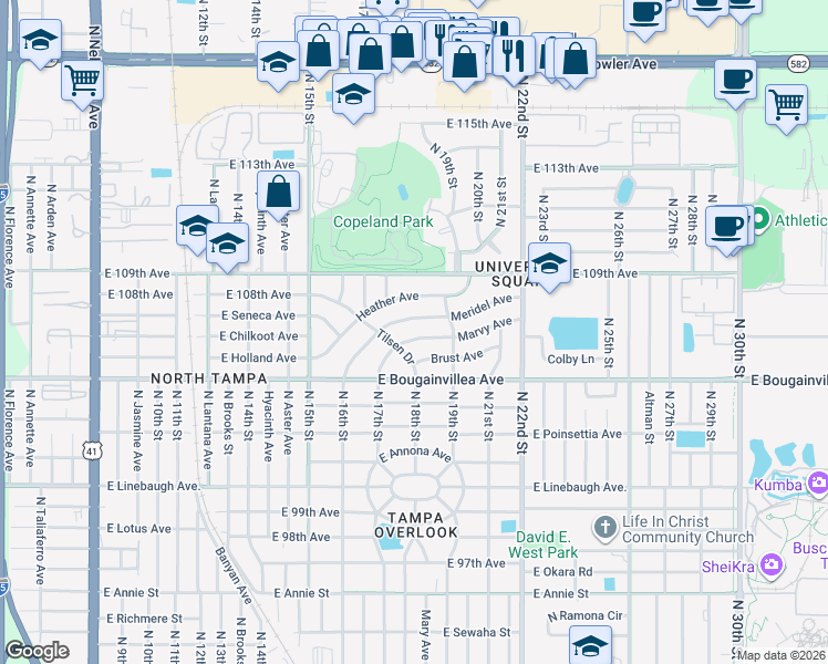 map of restaurants, bars, coffee shops, grocery stores, and more near 1815 Meridel Avenue in Tampa