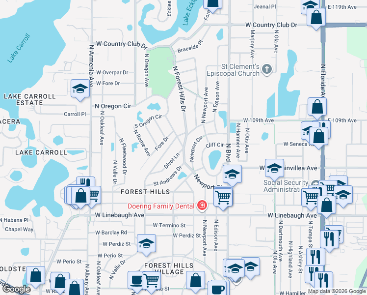 map of restaurants, bars, coffee shops, grocery stores, and more near 10402 Forest Hills Drive in Tampa