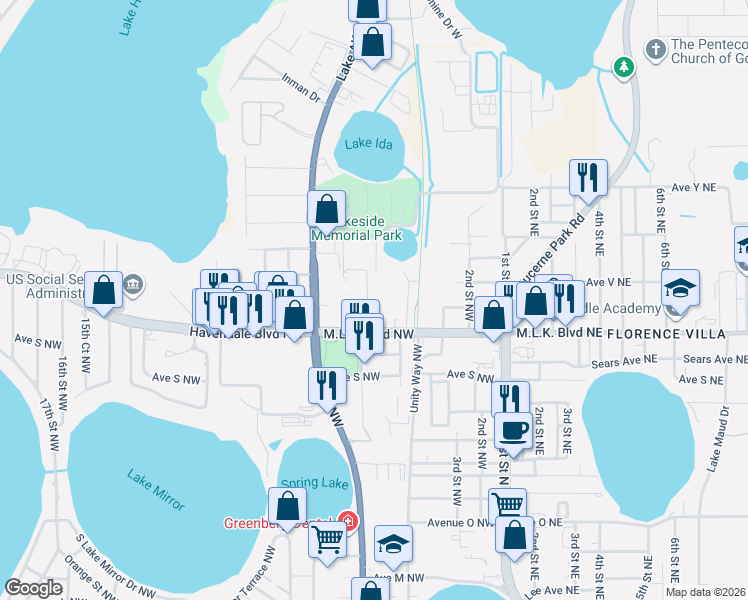 map of restaurants, bars, coffee shops, grocery stores, and more near in Winter Haven