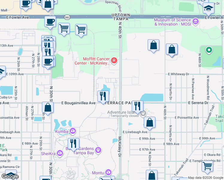 map of restaurants, bars, coffee shops, grocery stores, and more near 10420 McKinley Drive in Tampa