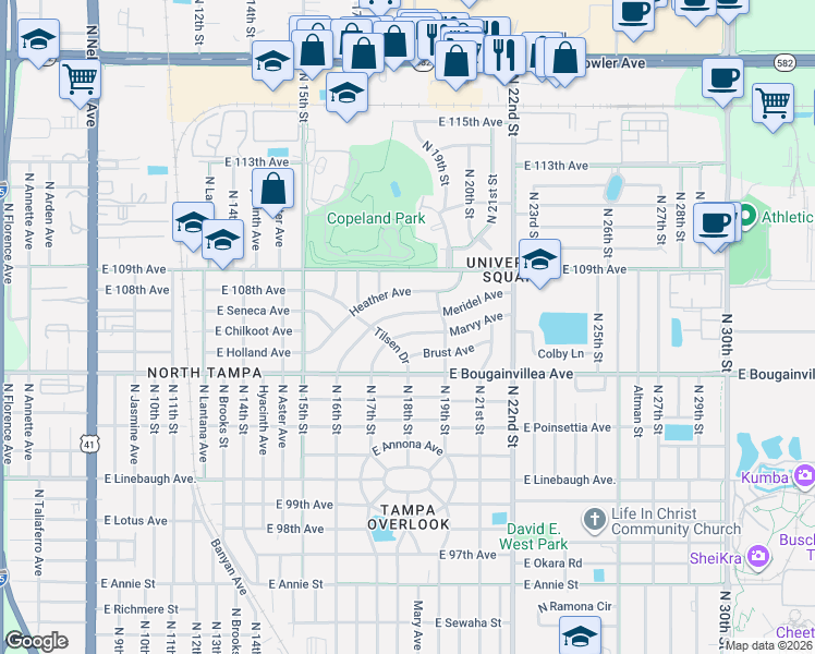 map of restaurants, bars, coffee shops, grocery stores, and more near 1815 Meridel Avenue in Tampa