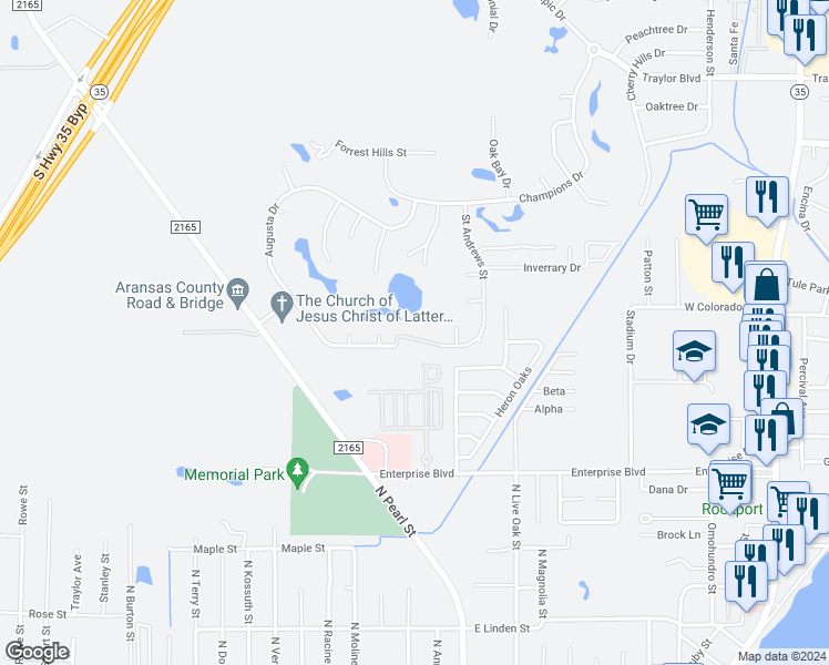 map of restaurants, bars, coffee shops, grocery stores, and more near 406 Cascades Drive in Rockport