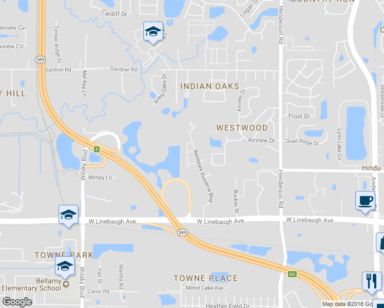 map of restaurants, bars, coffee shops, grocery stores, and more near 10301 Westpark Preserve Boulevard in Tampa