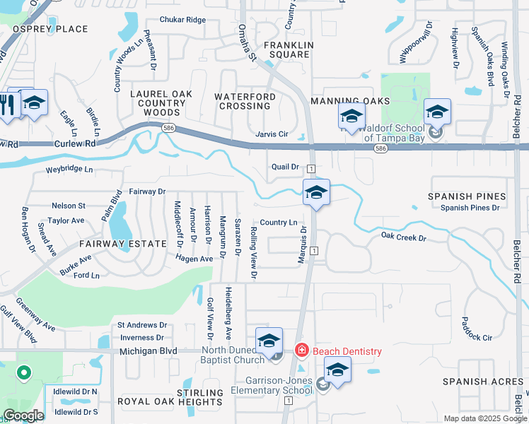 map of restaurants, bars, coffee shops, grocery stores, and more near 1631 Sparkling Court in Dunedin