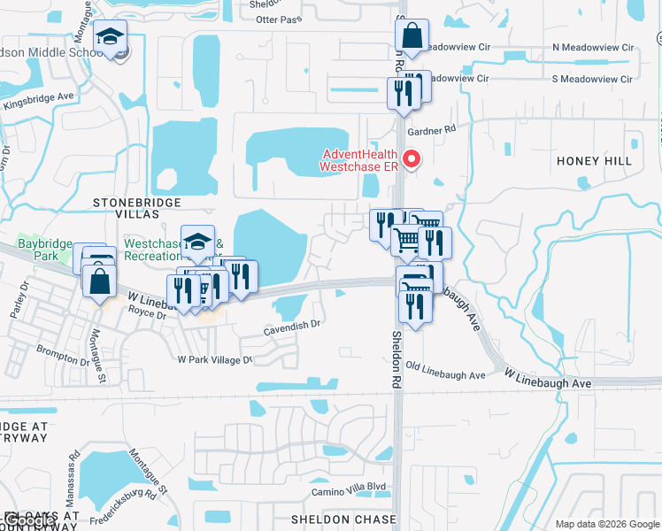 map of restaurants, bars, coffee shops, grocery stores, and more near 10601 Wild Meadow Way in Tampa