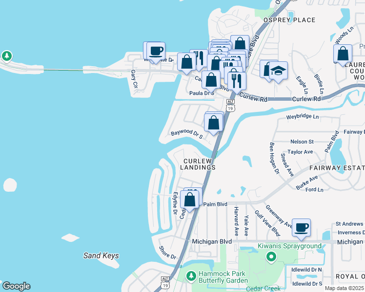 map of restaurants, bars, coffee shops, grocery stores, and more near 2296 Edythe Drive in Dunedin