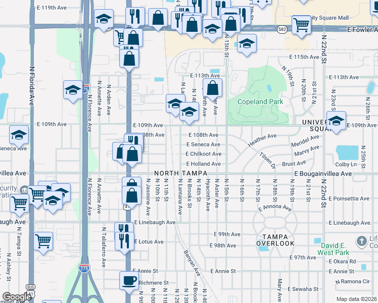 map of restaurants, bars, coffee shops, grocery stores, and more near 1208 East Chilkoot Avenue in Tampa