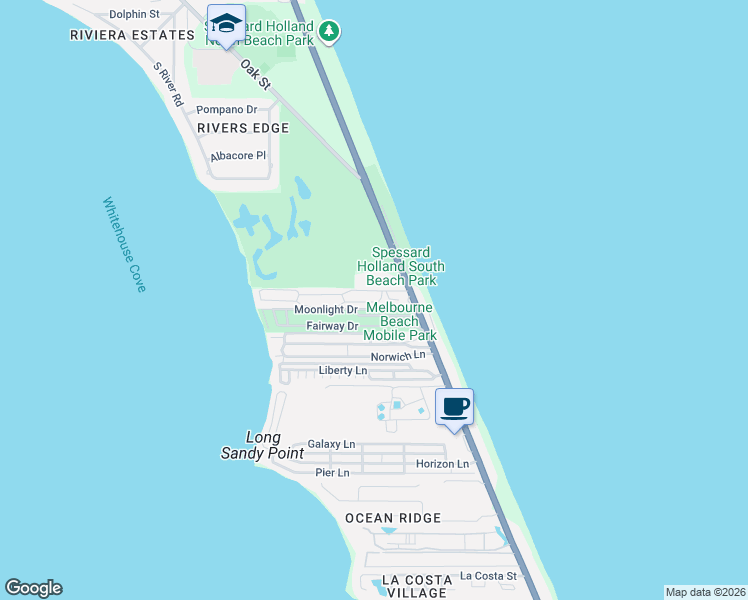 map of restaurants, bars, coffee shops, grocery stores, and more near Birdie Place in Melbourne Beach