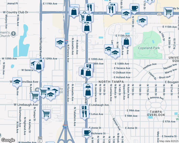 map of restaurants, bars, coffee shops, grocery stores, and more near 10567 North Nebraska Avenue in Tampa