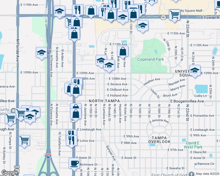 map of restaurants, bars, coffee shops, grocery stores, and more near 1209 East Seneca Avenue in Tampa