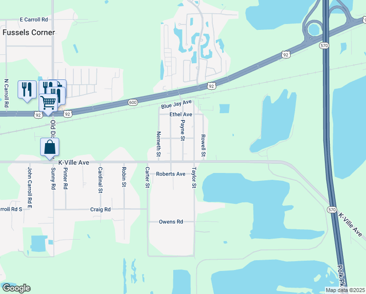map of restaurants, bars, coffee shops, grocery stores, and more near 1310 Payne Street in Auburndale
