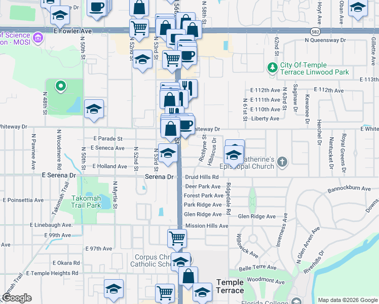 map of restaurants, bars, coffee shops, grocery stores, and more near 508 Heritage Palm Court in Temple Terrace