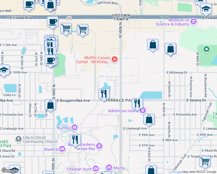 map of restaurants, bars, coffee shops, grocery stores, and more near 10420 McKinley Drive in Tampa