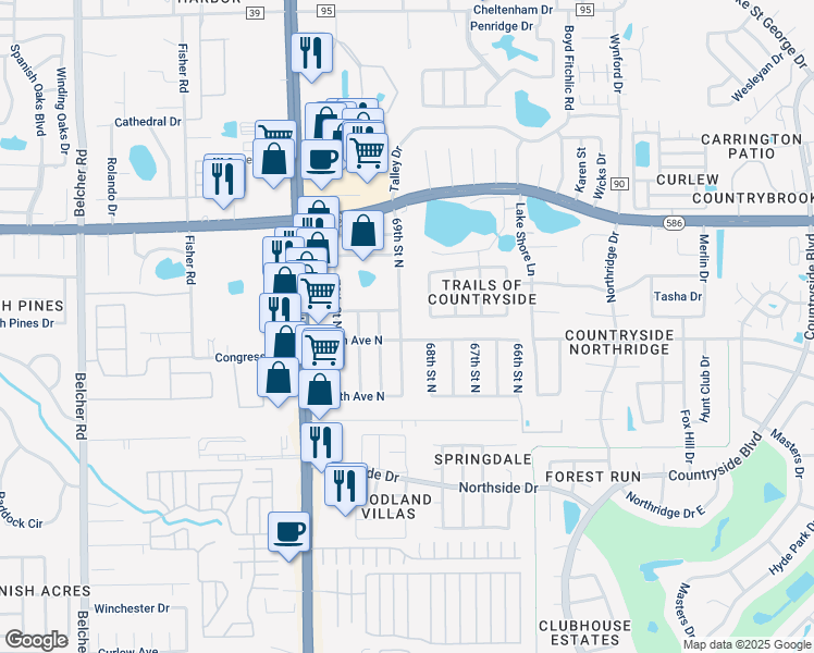 map of restaurants, bars, coffee shops, grocery stores, and more near 3400 Fairfield Trail in Clearwater