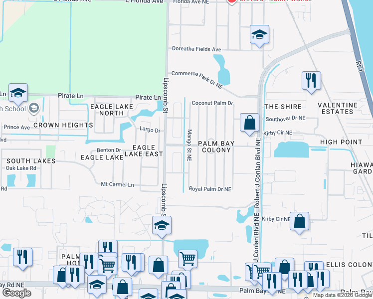map of restaurants, bars, coffee shops, grocery stores, and more near 1860 Mango Street Northeast in Palm Bay