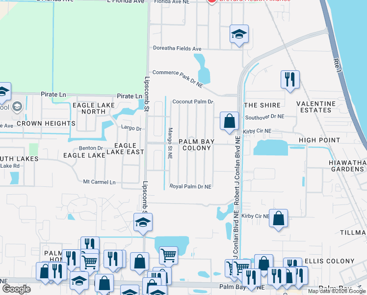 map of restaurants, bars, coffee shops, grocery stores, and more near 2370 Ersoff Boulevard Northeast in Palm Bay
