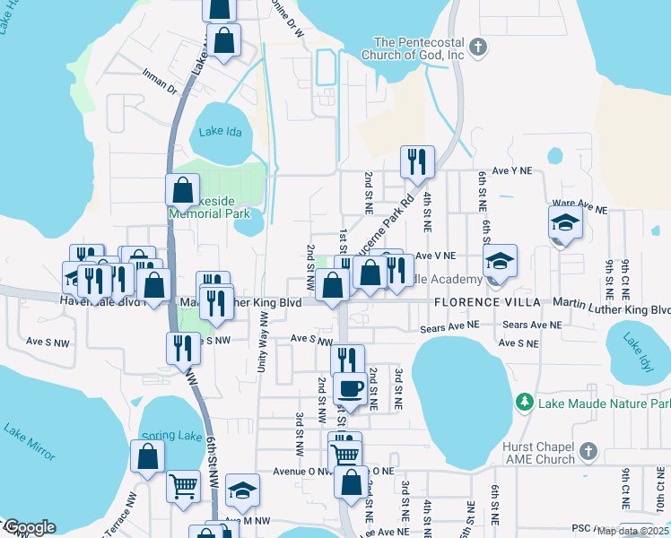 map of restaurants, bars, coffee shops, grocery stores, and more near 2101 1st Street North in Winter Haven