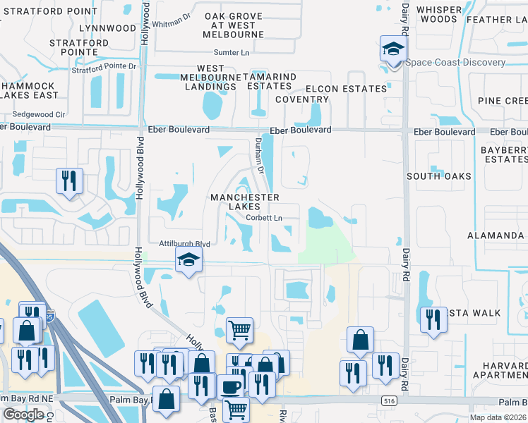 map of restaurants, bars, coffee shops, grocery stores, and more near 3952 Joslin Way in West Melbourne