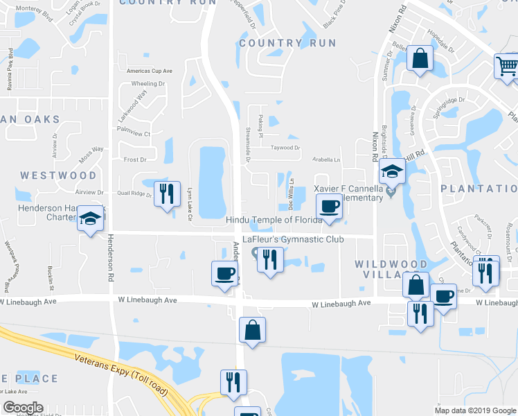 map of restaurants, bars, coffee shops, grocery stores, and more near 10651 Anderson Road in Tampa