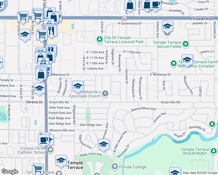 map of restaurants, bars, coffee shops, grocery stores, and more near 518 Crestover Drive in Tampa