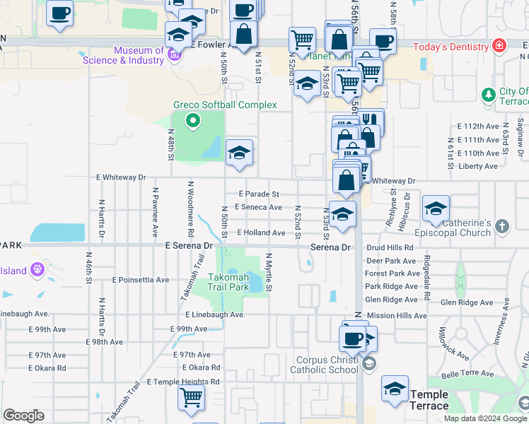 map of restaurants, bars, coffee shops, grocery stores, and more near 5111 Seneca Avenue in Tampa